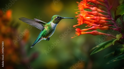 hummingbird feeding on a flower, closeup