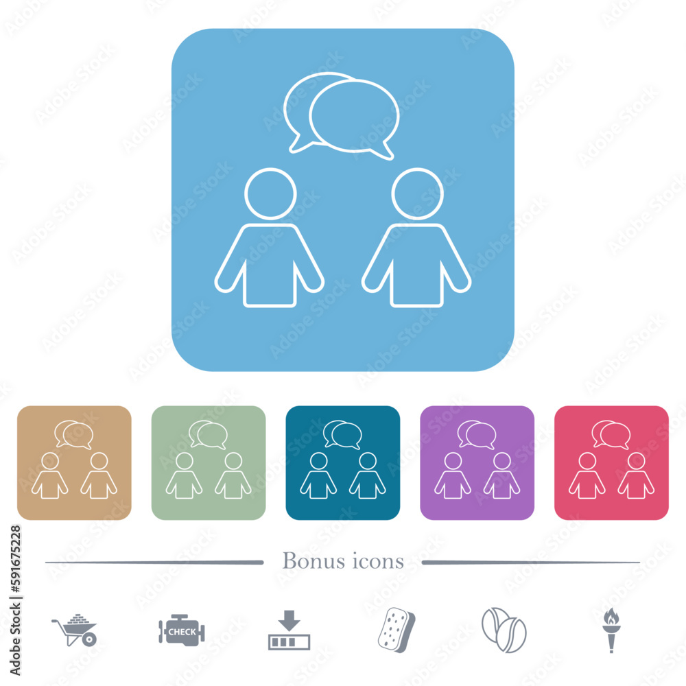 Two talking persons with oval bubbles outline flat icons on color rounded square backgrounds Two talking persons with oval bubbles outline flat icons on color rounded square backgrounds