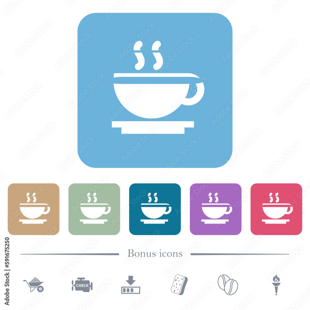 Cup of coffee flat icons on color rounded square backgrounds