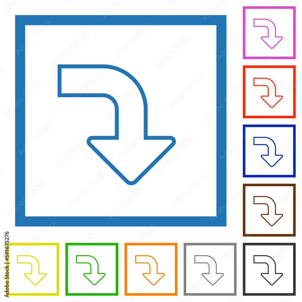 Right bottom side turn arrow outline flat framed icons Right bottom side turn arrow outline flat framed icons