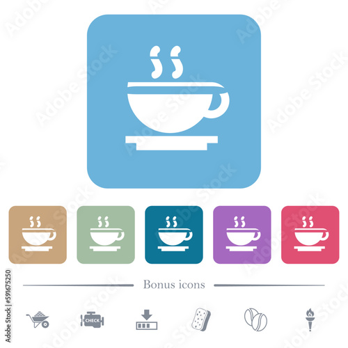 Cup of coffee flat icons on color rounded square backgrounds