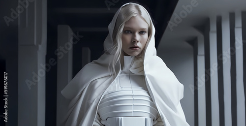 In a galaxy far, far away, a young woman wearing gleaming white armour adorned with intricate designs, a symbol of her valor and determination photo