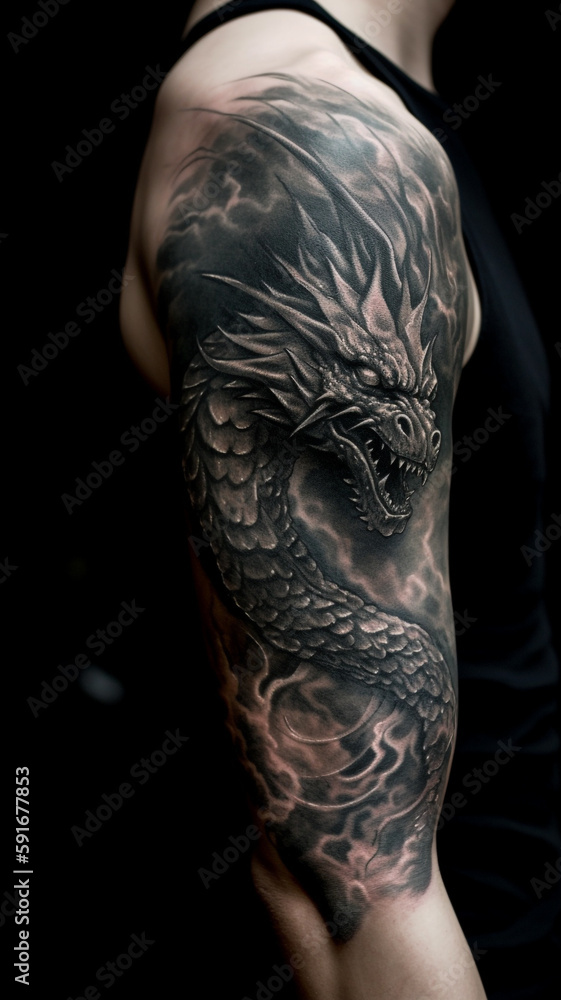 Tattoo Drache auf menschlichem Arm Oberarm Schulter. Hochkant. Generative Ai. Tattoo Drache auf menschlichem Arm Oberarm Schulter. Hochkant. Generative Ai.