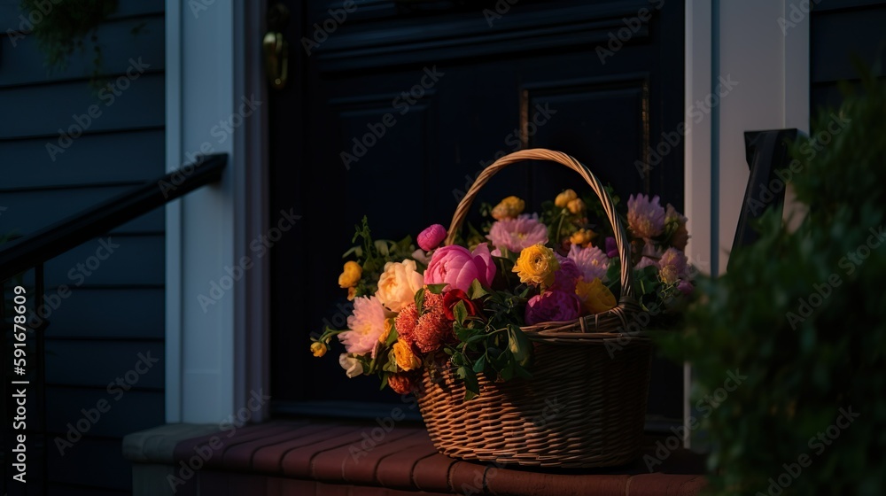 A basket full of flowers sitting on a step created with Generative AI technology
