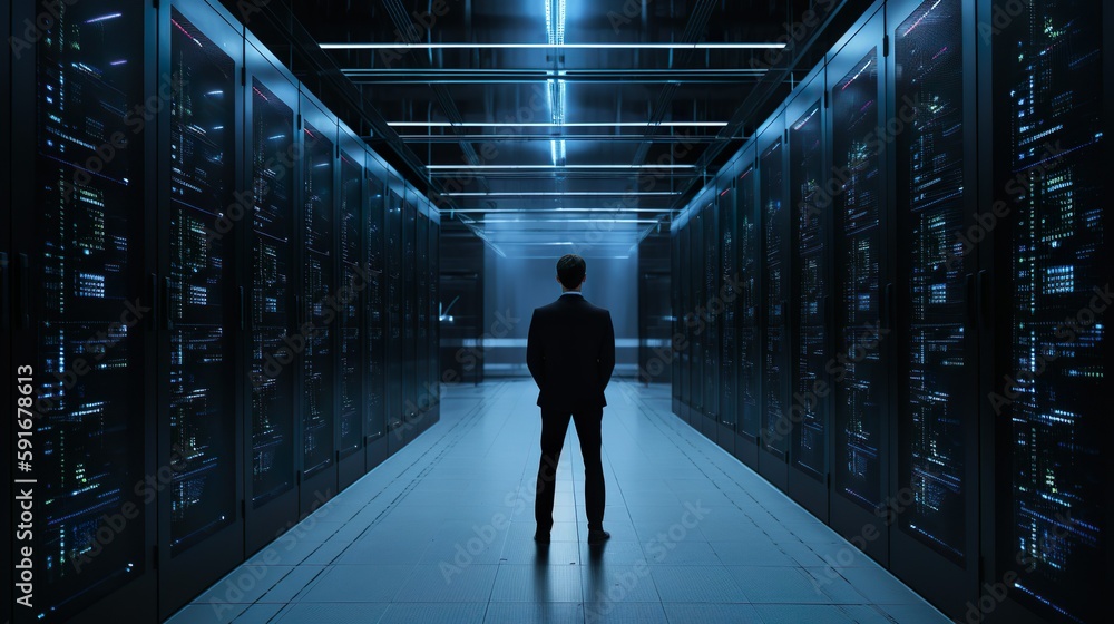 A man standing in a server room in front of rows of servers created with Generative AI technology A man standing in a server room in front of rows of servers created with Generative AI technology
