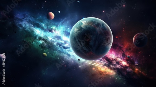A space scene with planets and stars created with Generative AI technology © Pikheat