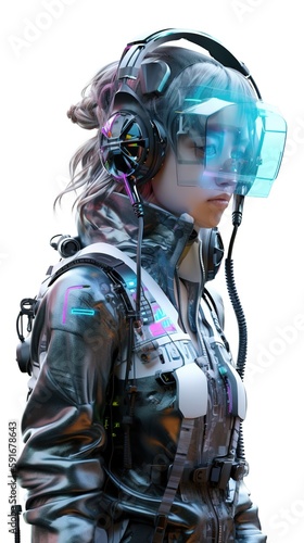 A stunning futuristic gamer wearing a virtual reality headset, adorned in elaborate make-up and hair style, and an androgynous costume inspired by the Japanese Visual Kei style.