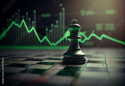Chess board pawn with green finance graph for success trading strategy on background, Generative AI