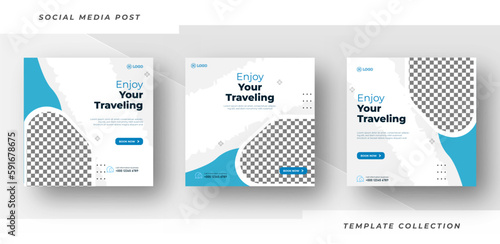 Travel sale social media post template. Web banner, flyer or poster for travelling agency business offer promotion. Holiday and tour advertisement banner design