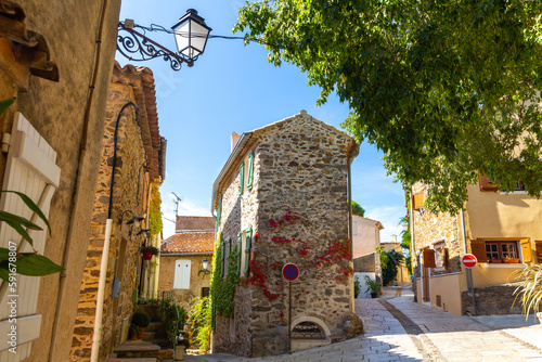 Cosy streets of French village Grimaud, Provence-Alps-French Riviera.