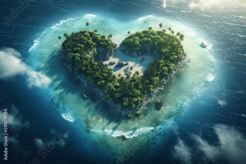 Experience the beauty of a heart-shaped island from above, with a boat anchored in the turquoise sea. A unique and unforgettable travel destination. AI Generative.