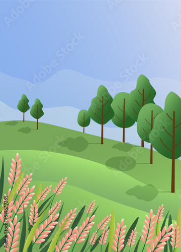 Landscape with trees and flower. Vector drawing in a flat style with gradients. Illustrations for banners, backgrounds, advertising, web pages and websites, social networks, flyers and advertisements.
