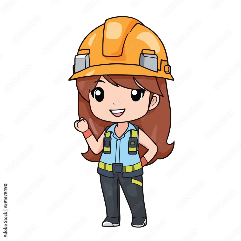 Mascot of cute girl building construction worker wearing uniform and safety helmet. Cartoon flat character vector illustration Mascot of cute girl building construction worker wearing uniform and safety helmet. Cartoon flat character vector illustration