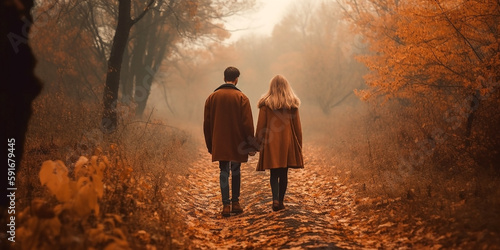 a guy and a girl walk in the autumn park holding hands, view from the back. Generative AI © Tatiana