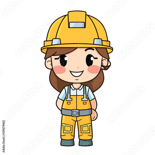 Mascot of cute girl building construction worker wearing uniform and safety helmet. Cartoon flat character vector illustration © stylusstudio