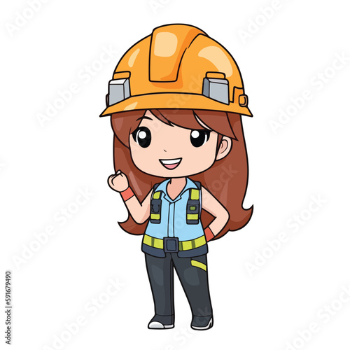 Mascot of cute girl building construction worker wearing uniform and safety helmet. Cartoon flat character vector illustration