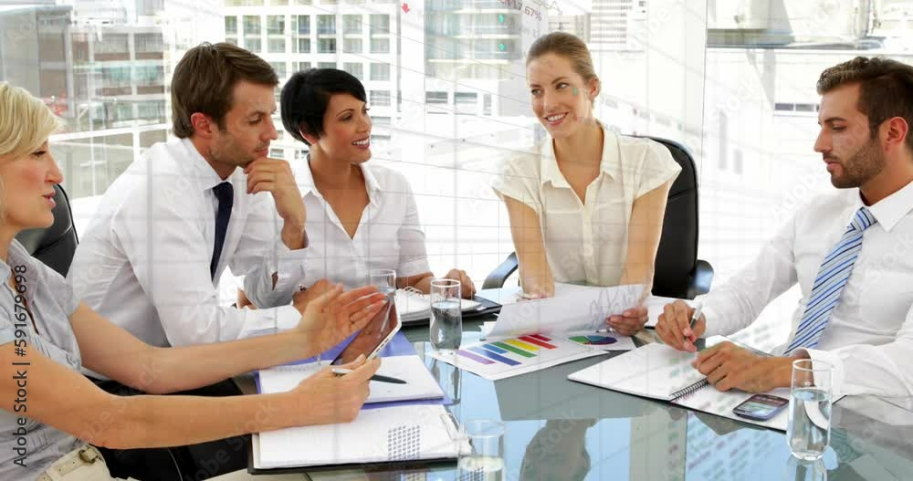Animation of stock market data processing over diverse businesspeople discussing together at office Animation of stock market data processing over diverse businesspeople discussing together at office