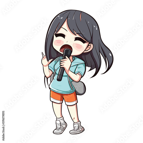 Mascot of cute girl singing with microphone. Cartoon flat character vector illustration