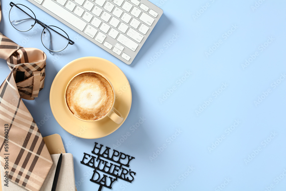 Happy Fathers Day concept. Flat lay office desk table with cup of coffee, keyboard, glasses ...