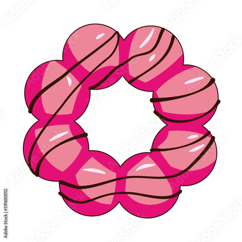 Mochi donut pink strawberry glaze chocolate syrup isolated top-down view with white background