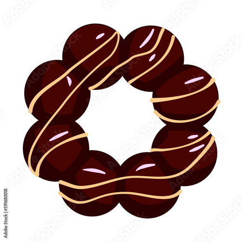 Mochi donut chocolate glaze with vanilla syrup isolated top-down view with white background