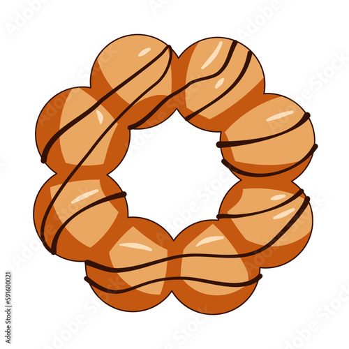 Mochi donut coffee isolated with chocolate syrup top-down view with white background 