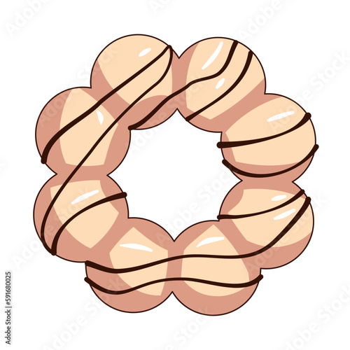 Mochi donut vanilla glaze chocolate syrup isolated top-down view with white background 