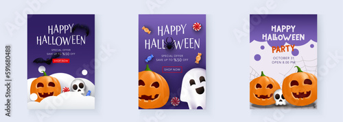 Halloween Party invitation set. Poster backgrounds with pumpkin, ghost, bat and candy. Vector template for sale, discount, website, social media, invitation, greeting card, brochure, flyer, ads.