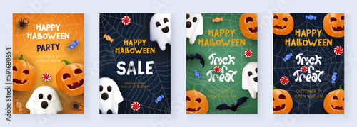 Happy Halloween Party invitation set. Poster backgrounds with pumpkin, ghost, bat and candy. Vector template for sale, discount, website, social media, invitation, greeting card, brochure, flyer.