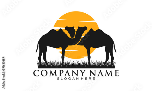 Two camel and sunset vector logo