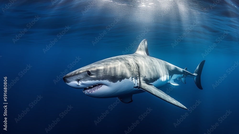 Fototapeta premium Majestic Great White Shark in Clear Waters