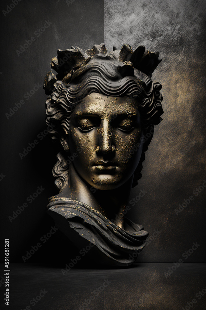 gold and granite statue of man face on a dark background Generative AI