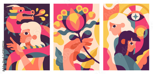 Set of futuristic posters in cubism style