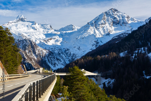 Canvastavla View on Ganter bridge and snowy Alps mountains near Brig at Valais, Switzerland,