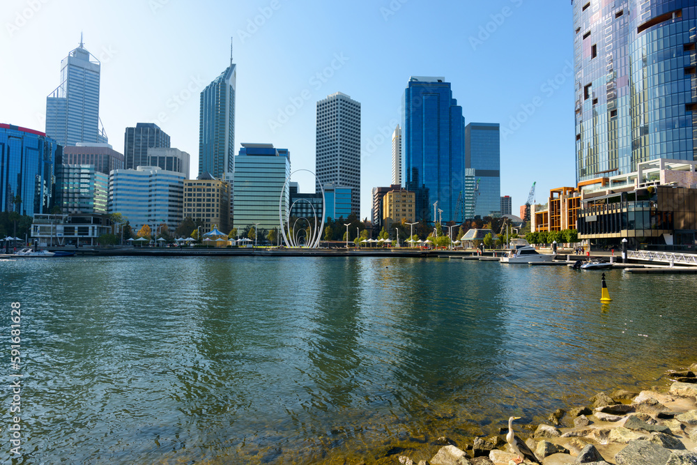 Obraz premium Perth city skyline, Elizabeth Quay with the landing symbol and the towers, Perth, Western Australia, Australia, Ozeanien