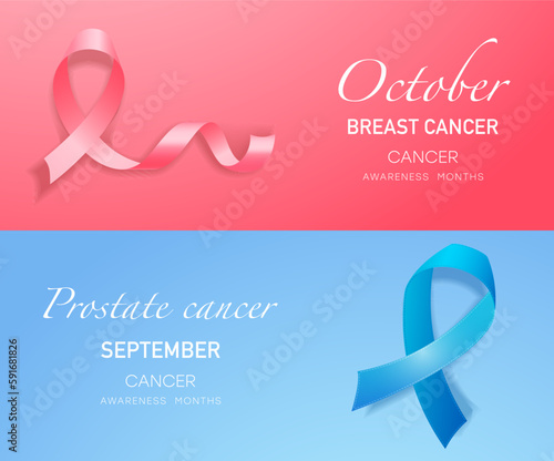 Breast and prostate cancer banner. Mindfulness Month, October and September. Health care and regular visits to doctor. Pink and blue ribbons with text. Cartoon flat vector illustration