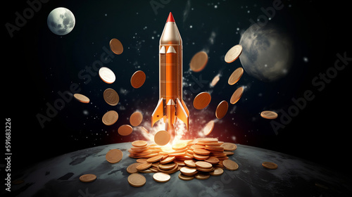 rocket symbolising economic growth. money, business, growth, booming. Created using generative AI.