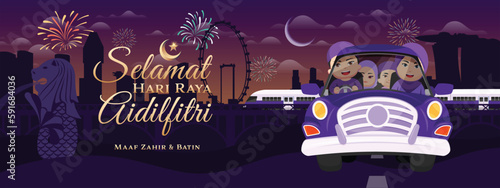 Selamat Hari Raya Aidilfitri Maaf Zahir and Batin Cute Happy Muslim Family Singapore City View (Vector) photo
