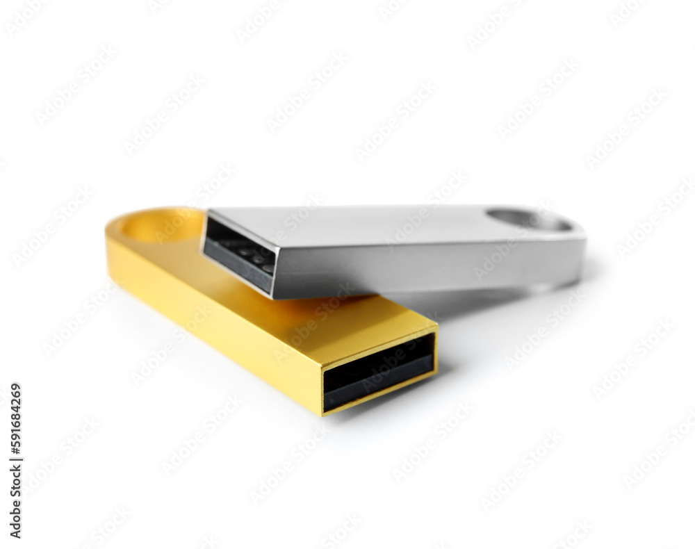 Metallic USB flash drives isolated on white background Metallic USB flash drives isolated on white background