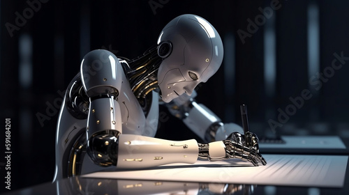 AI writing an essay, robotic, futuristic, android. Created using generative AI.