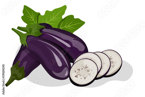 eggplant with slices and leaves, vector cartoon illustration. 
