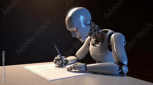 AI writing an essay, robotic, futuristic, android. Created using generative AI.
