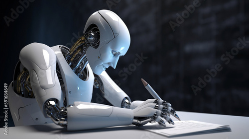 AI writing an essay, robotic, futuristic, android. Created using generative AI.