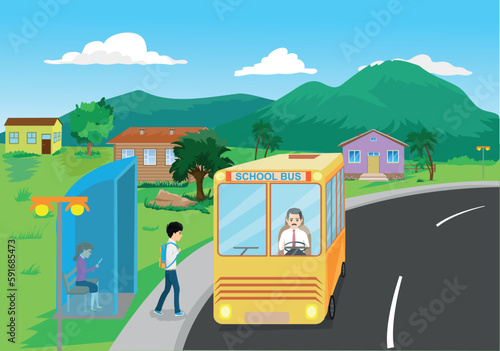 student getting on the school bus from the stop