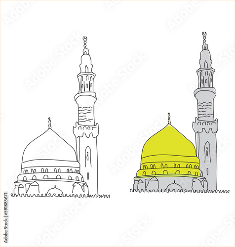 Al Masjid An Nabawi Mecca Saudi Arabia Hand drawn sketch. Vector illustration.	