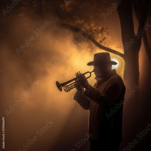 trumpeter playing on a surreal mystical stage, ai