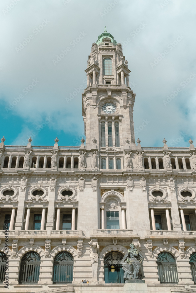 Oporto, Portugal. April 12 , 2022: Porto City Hall building with its architecture and blue sky.