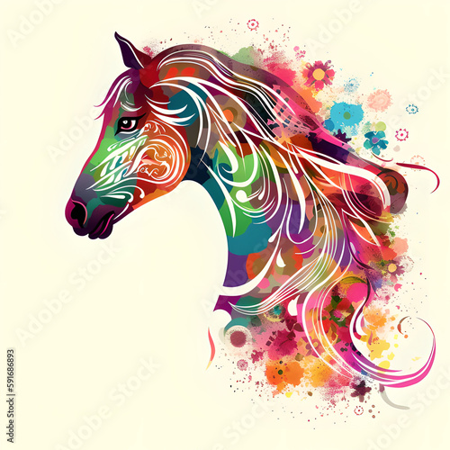 Rainbow flower patterned horse face created with AI generative tools