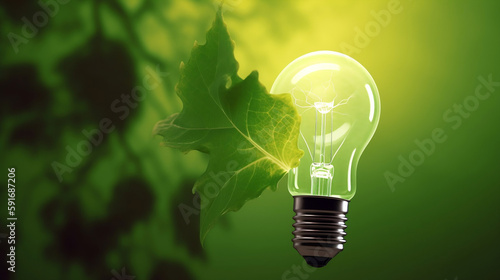 light bulb with green leaves, sustainable energy concept. Created using generative AI.