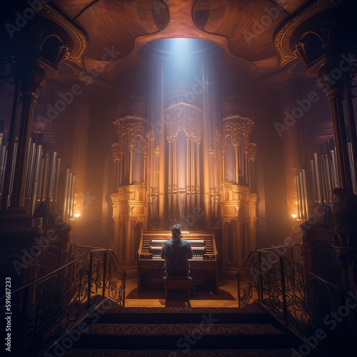 musician playing a pipe organ on a surreal, ai photo